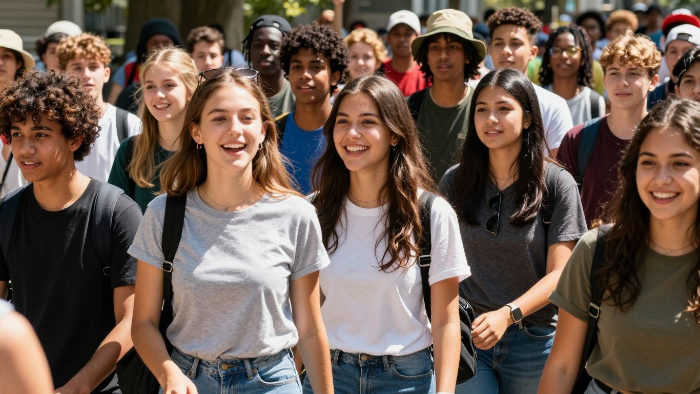 Diverse teenagers from around the world interacting outdoors.