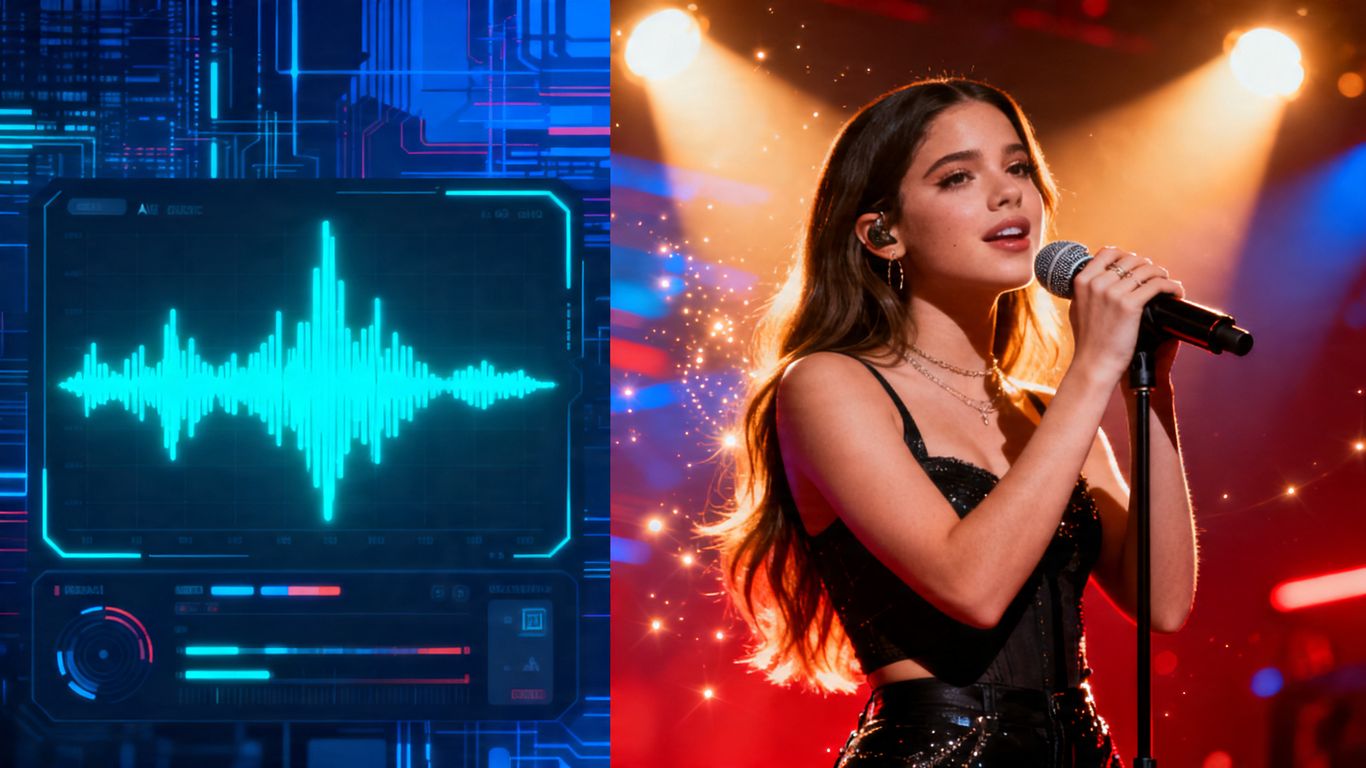 Olivia Rodrigo on stage, AI music interface beside her.