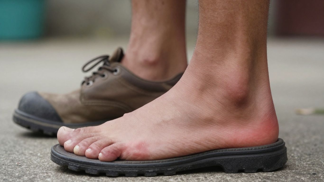 Work boot on foot, heel pain visible on bare foot.