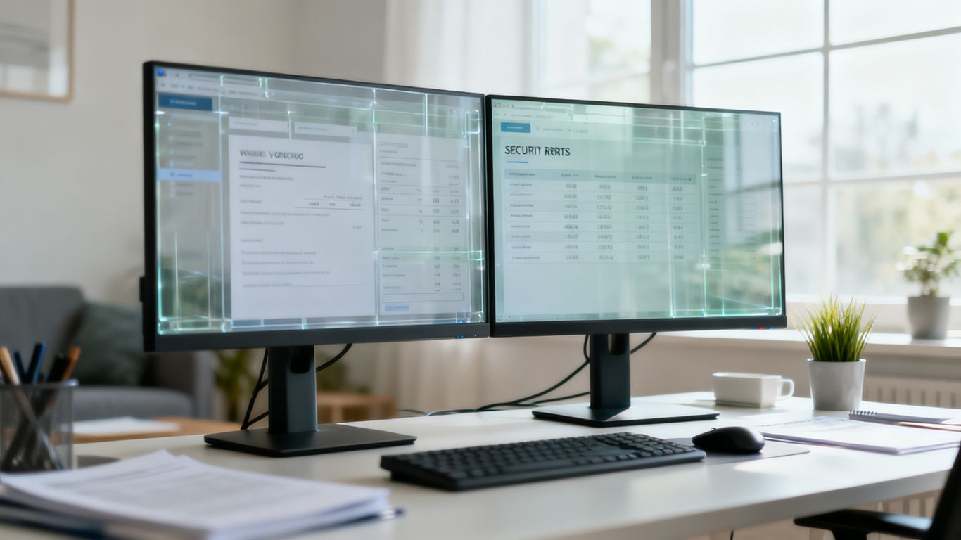 Ein modernes Heimbüro mit zwei Bildschirmen, auf denen transparente Rechnungsdaten und Berichte geöffnet sind.