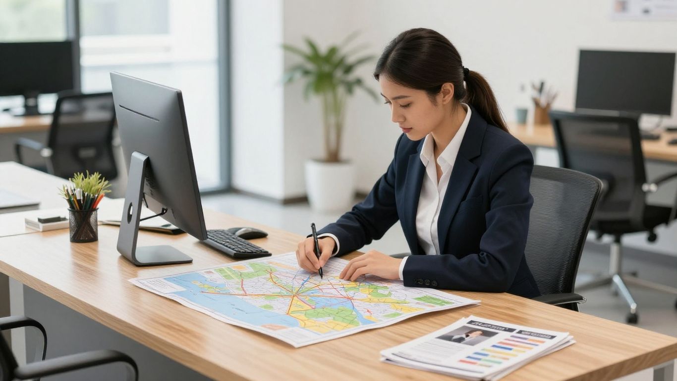 Professional travel guide standing at a desk