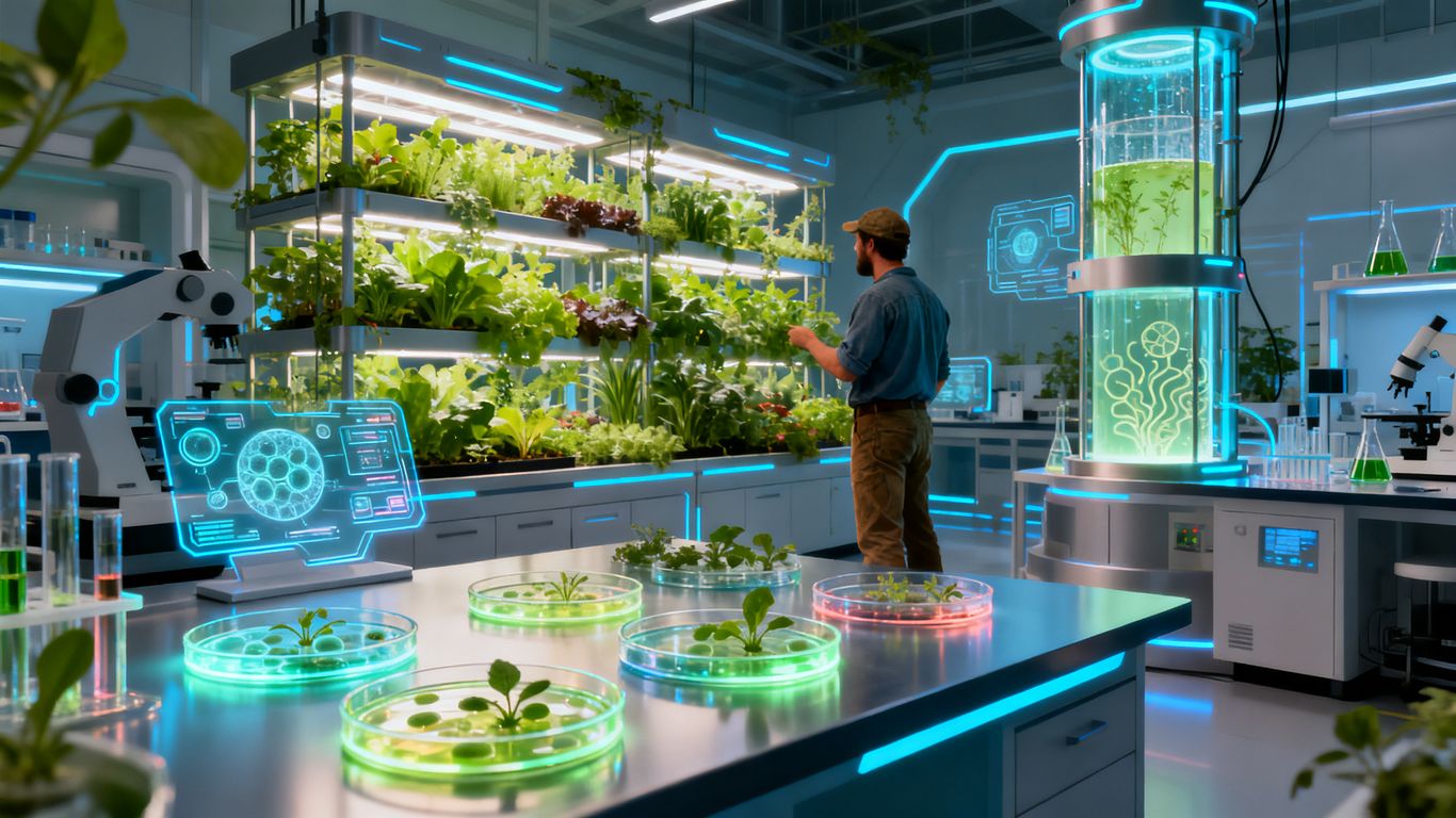 Futuristic lab and vertical farm with plant-based food.