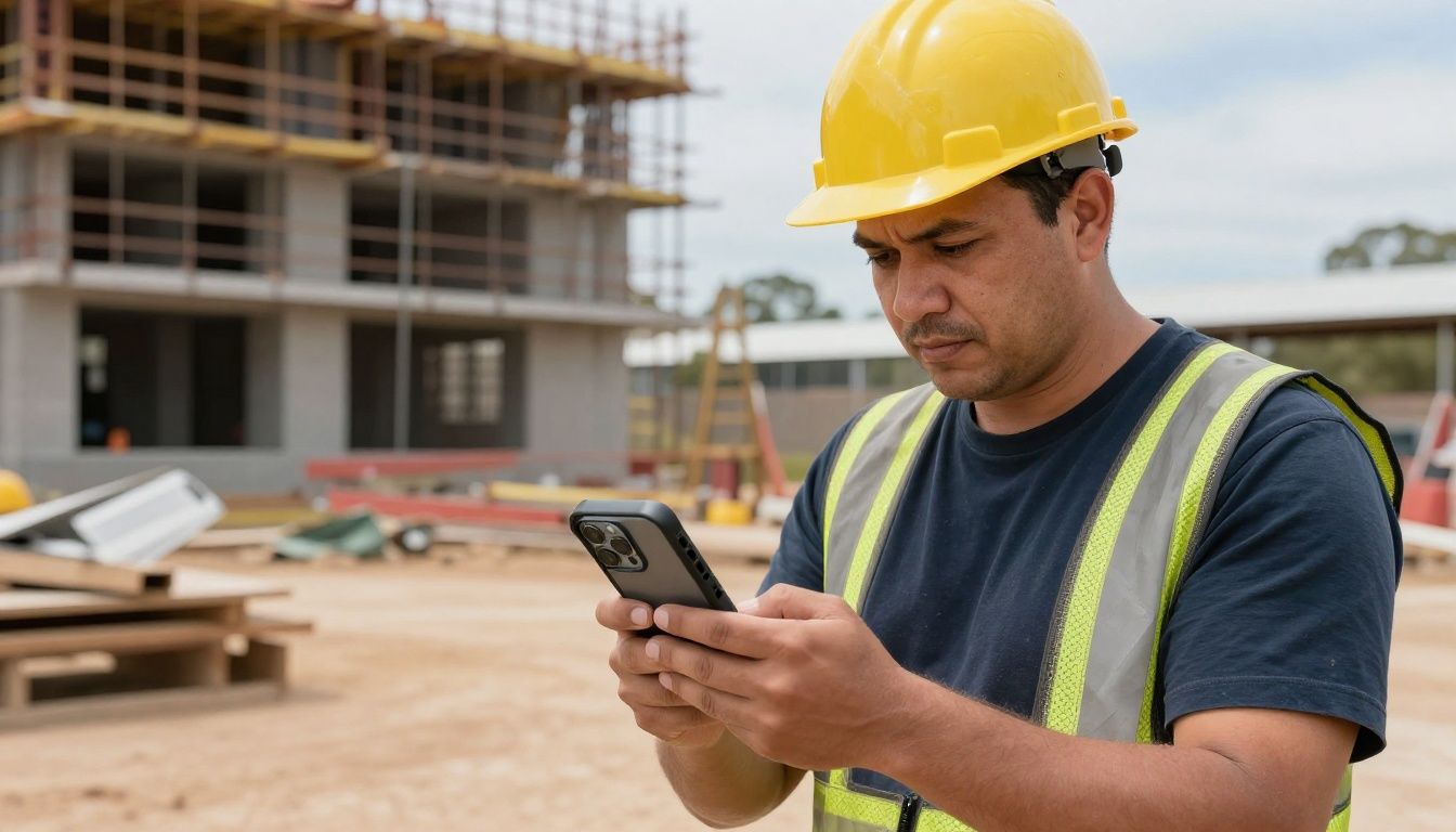 A tradie on a construction site in Australia, checking their iPhone 16 Pro which is protected by a rugged, dust-proof case.