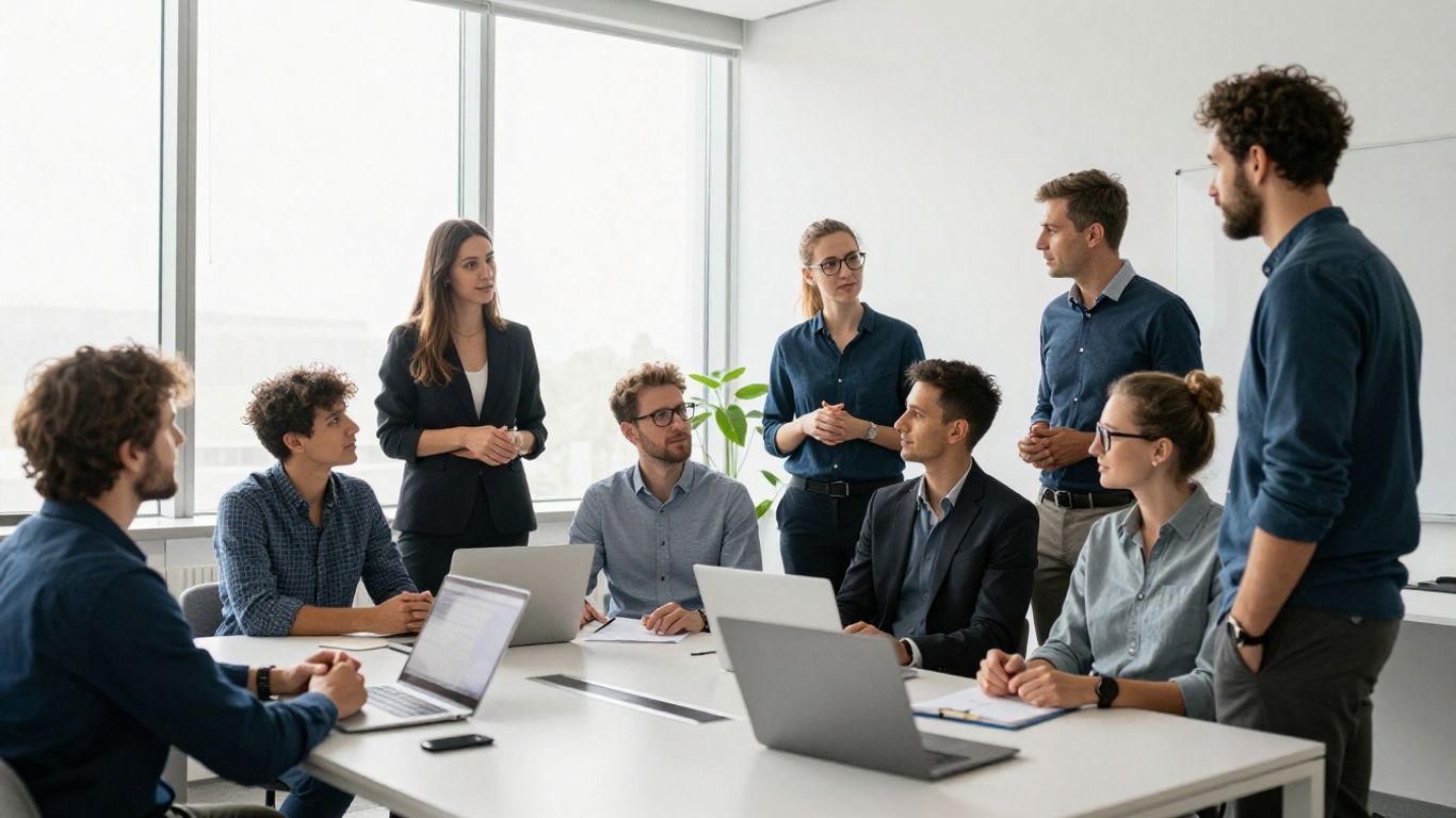 Menschen arbeiten im Büro zusammen, entspannte Atmosphäre.