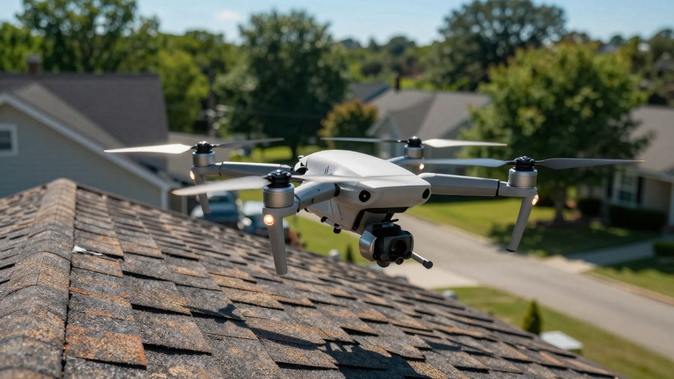 Drone measuring a house roof from above.