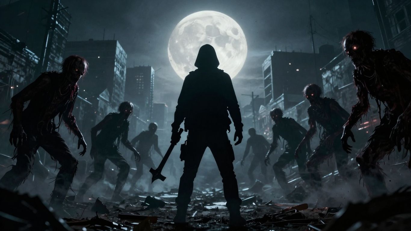Zombie apocalypse survivor facing a horde.