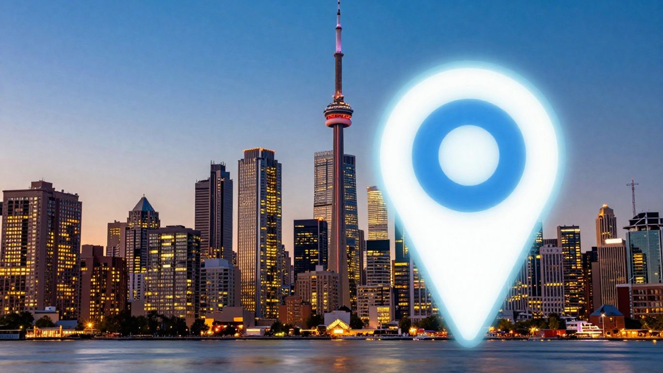 Toronto skyline with a glowing map pin.