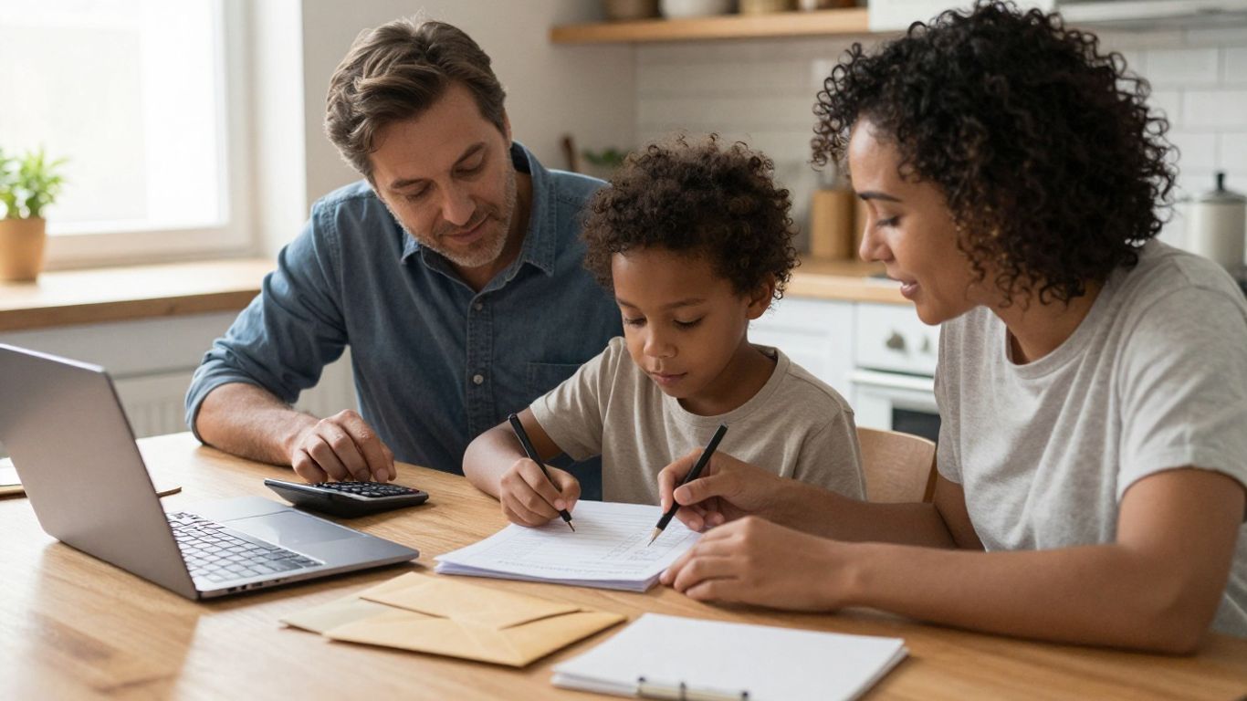 Familia revisando presupuesto doméstico juntos