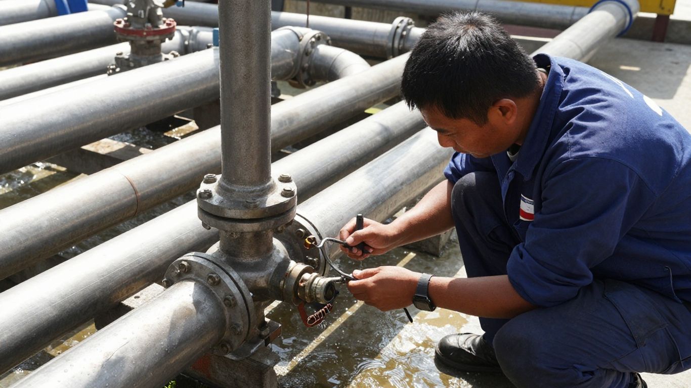 Water contractor working on industrial pipes.