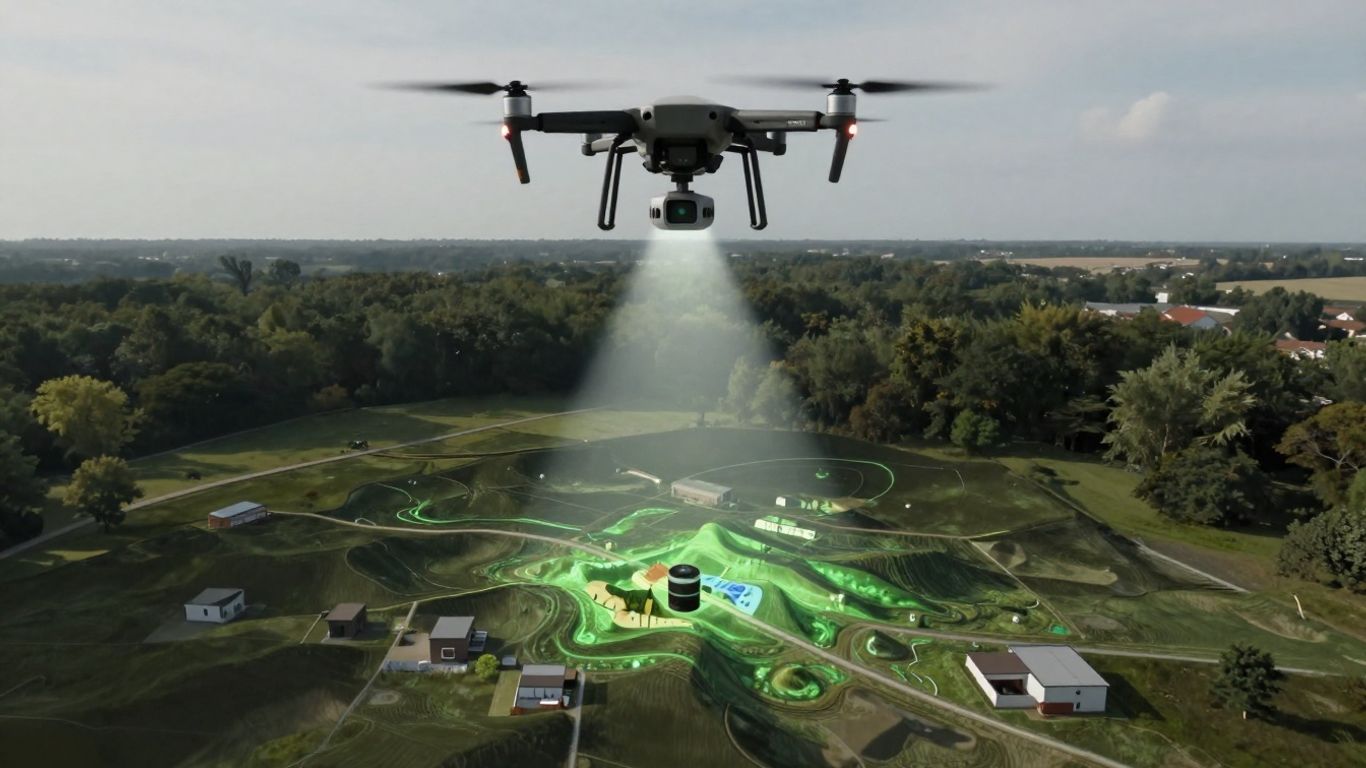 Drone with LiDAR sensor mapping terrain