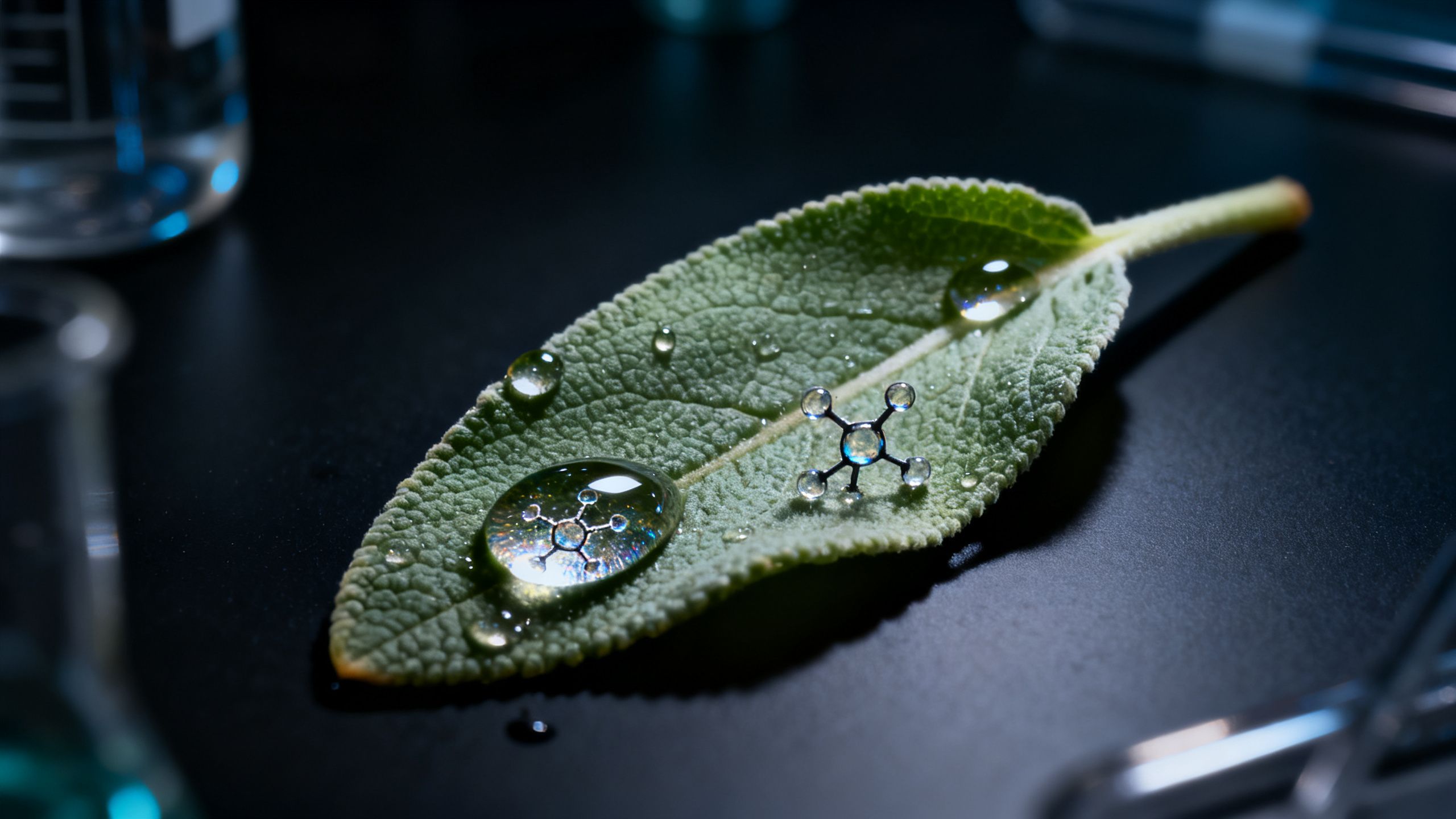 Une vue macroscopique d'une feuille de sauge, avec des gouttes d'eau reflétant des structures moléculaires, sur un fond sombre de laboratoire. Style éditorial de magazine scientifique, lumière dramatique.
