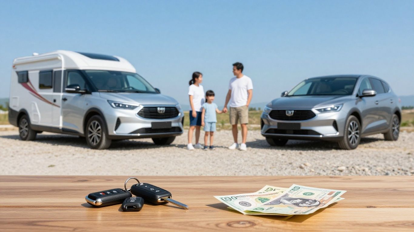 Family with motorhome, keys, and cash at campground