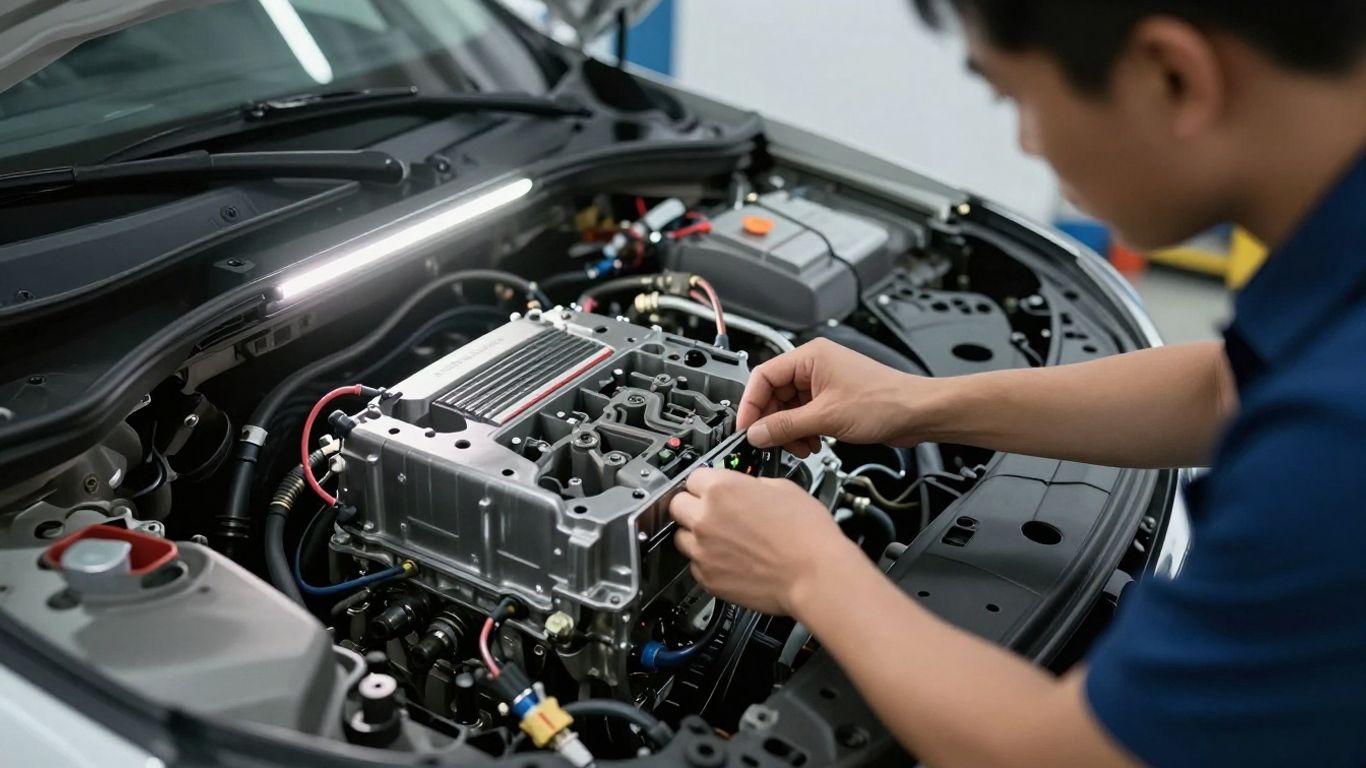 Mechanic installing an ECU inside vehicle
