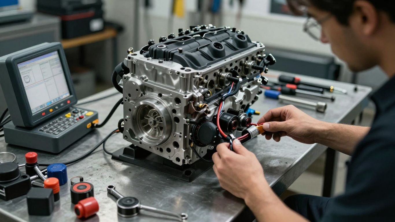 Detailed performance engine in automotive workshop