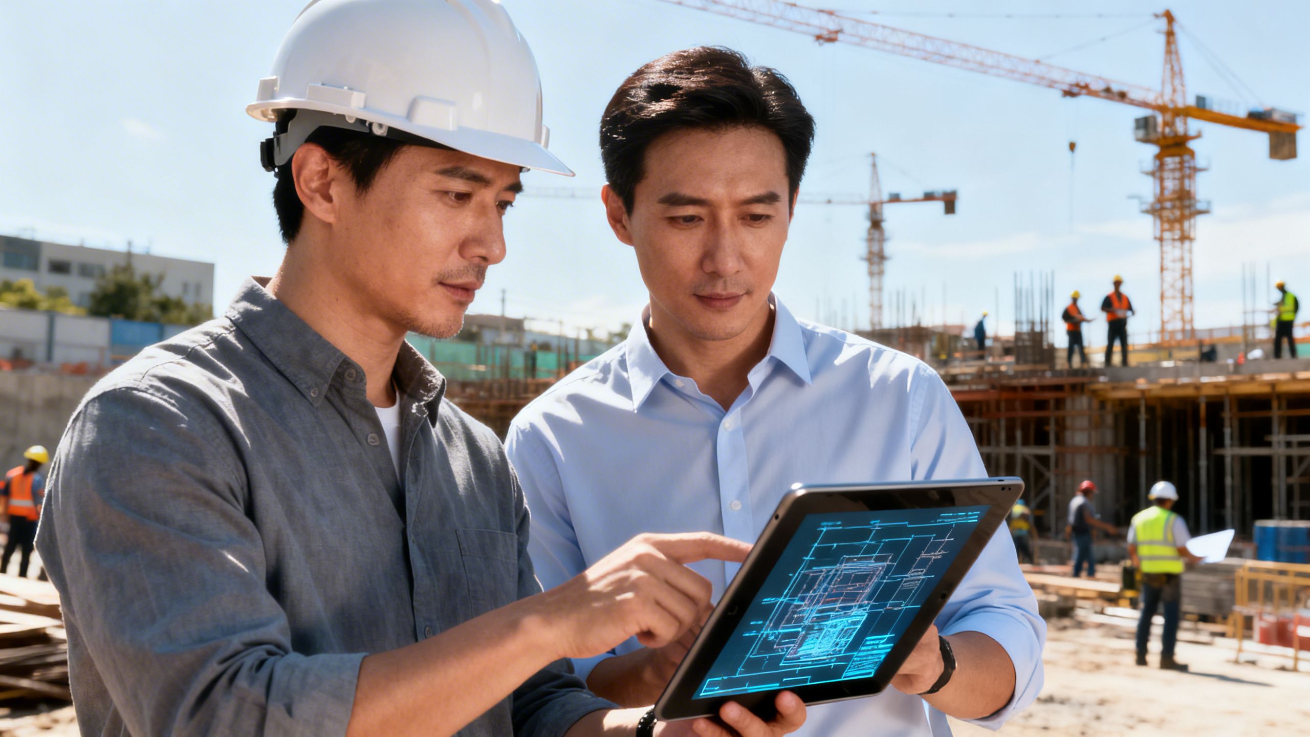 A construction manager and an architect reviewing digital blueprints on a tablet at a busy construction site.