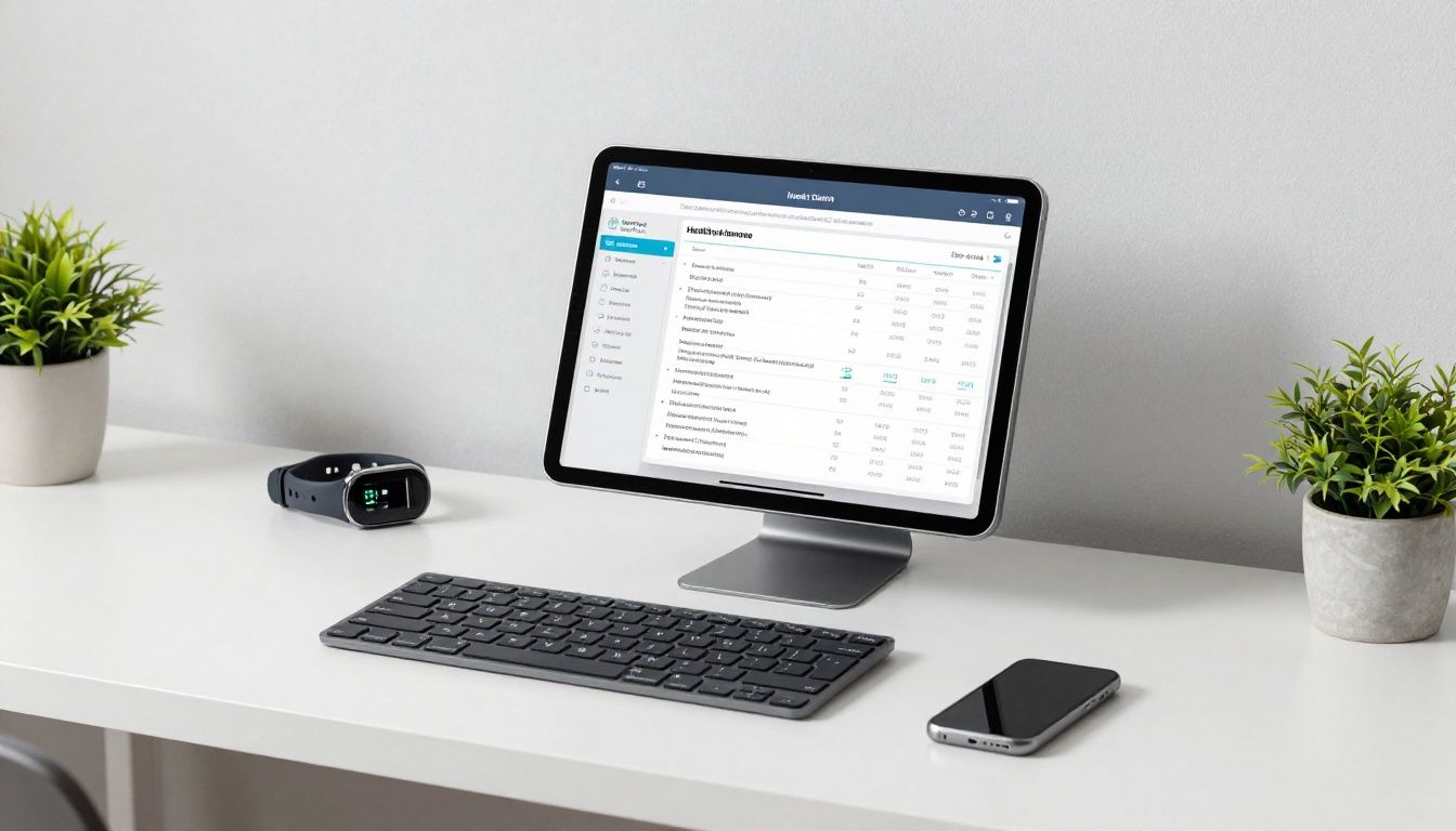 A modern, professional home office setup featuring a clean desk with a digital tablet displaying health and hormone tracking graphs, a sleek fitness tracker, and organized health tools representing a data-driven approach to wellness.