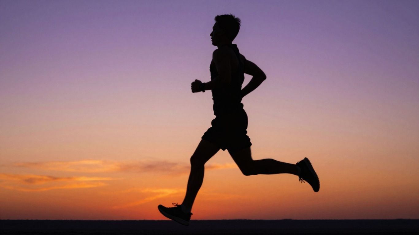 Runner achieving peak performance against a sunset.