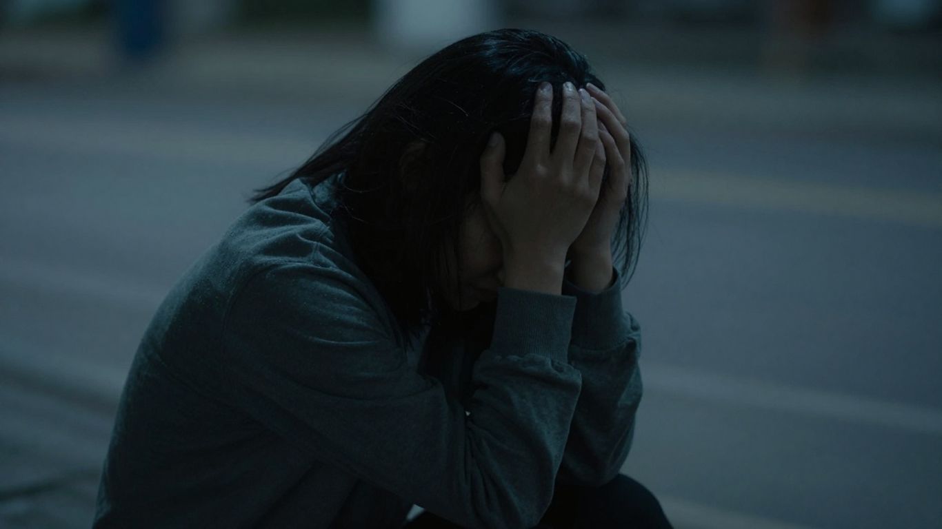 Person looking down, head in hands, conveying sadness.