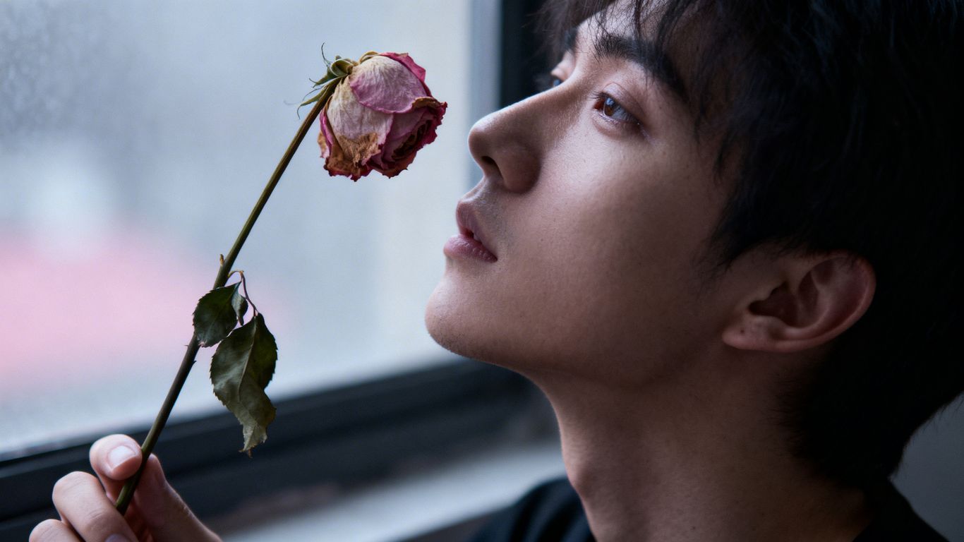 Person looking out window with a wilting rose.