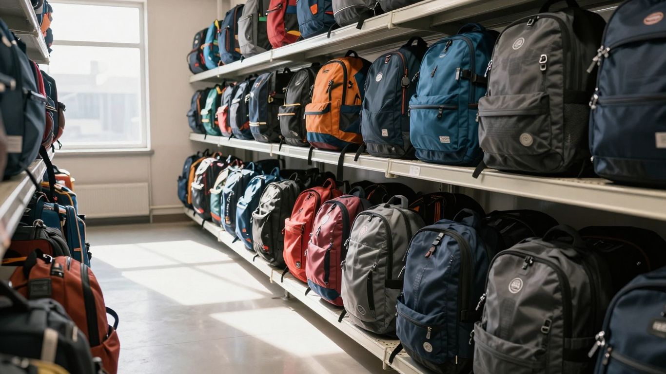 Warehouse interior with stacks of backpacks.