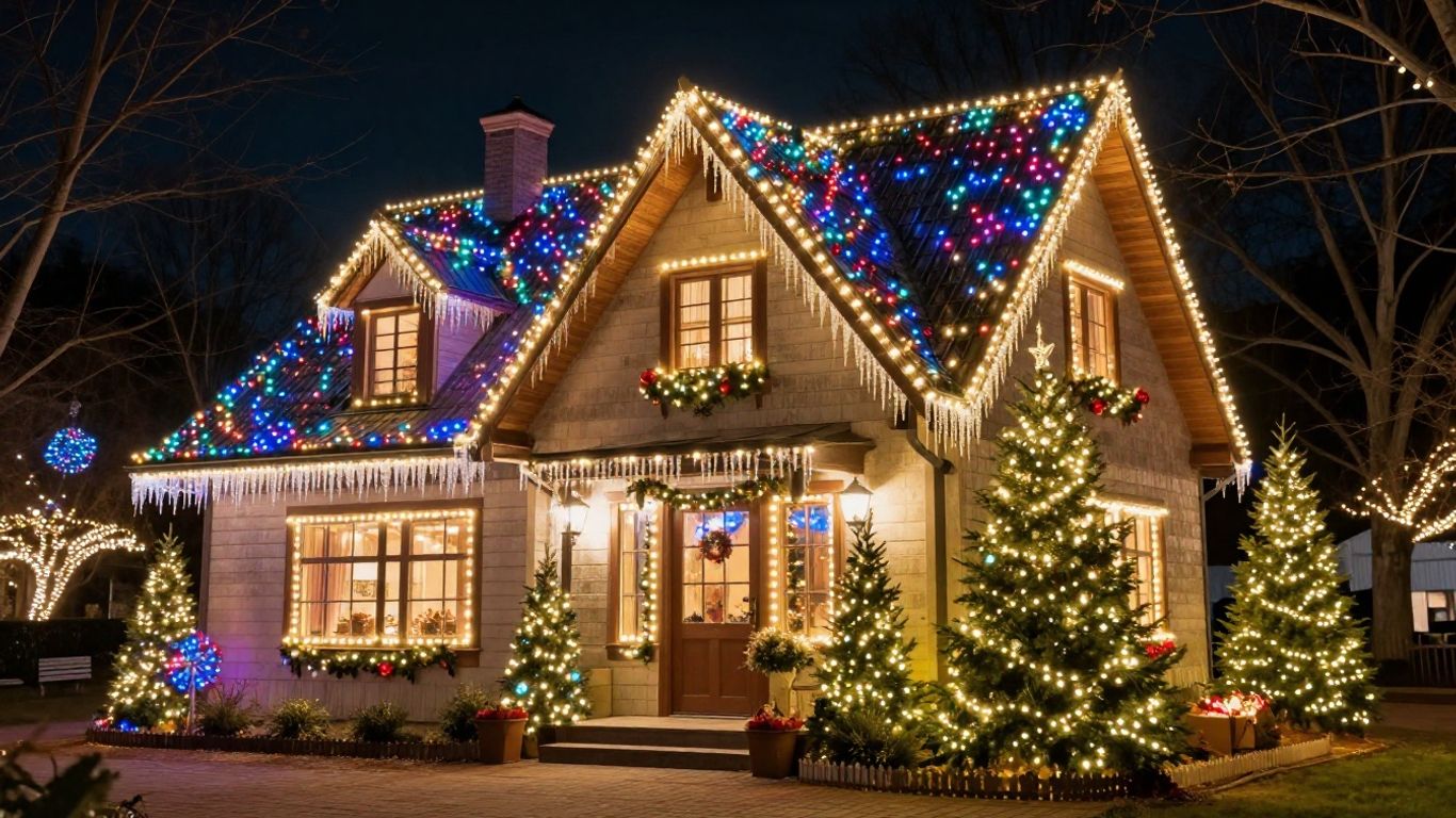 Festive house decorated with colorful Christmas lights.