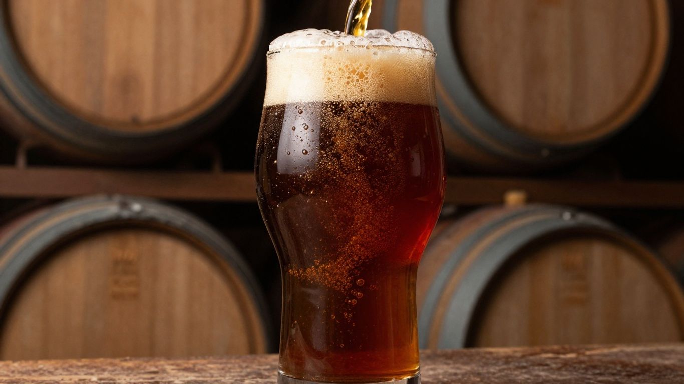 Pouring barrel-aged beer from a bottle into a glass.