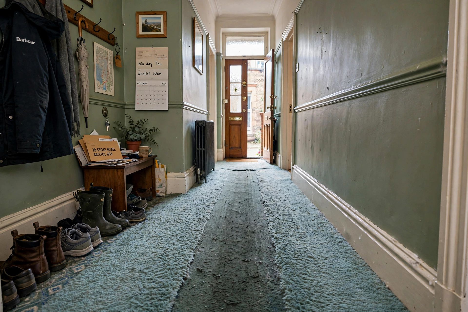 A lived-in Bristol hallway with a visible central carpet traffic lane, illustrating how crushed pile can look different from the surrounding carpet