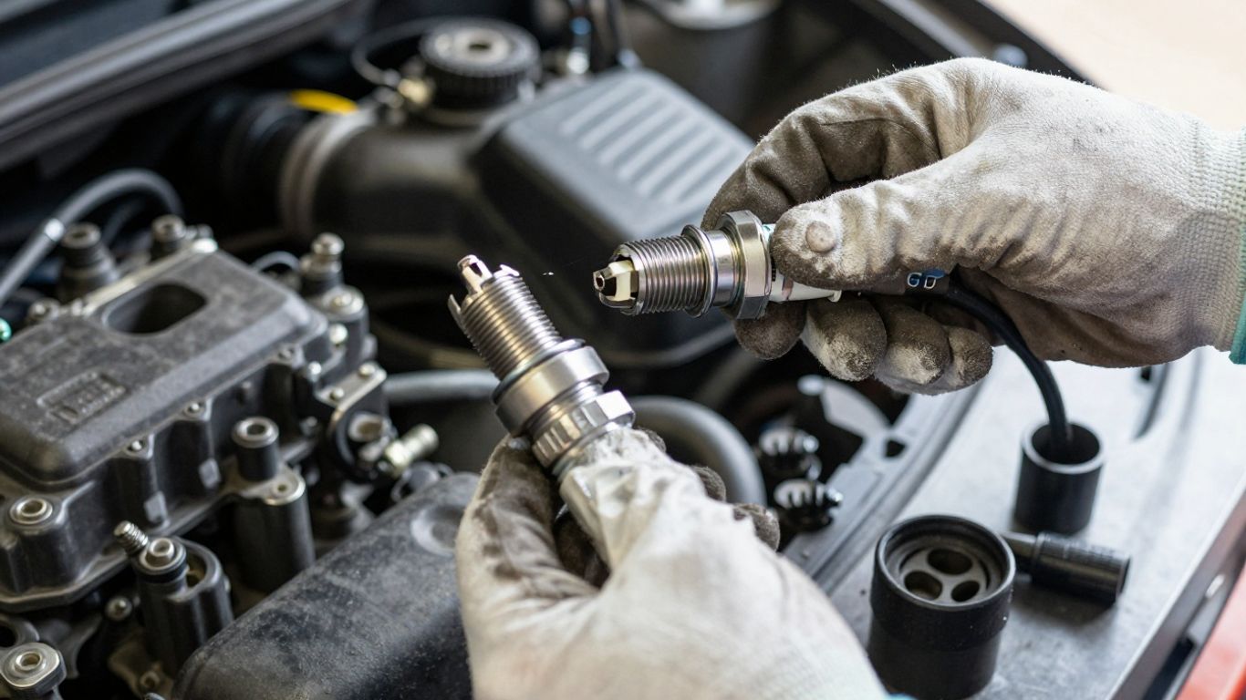Technician checking spark plugs on engine