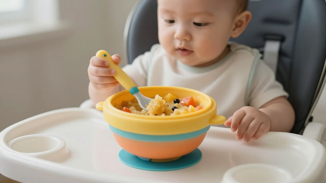 Bebé comiendo papilla en su silla alta.