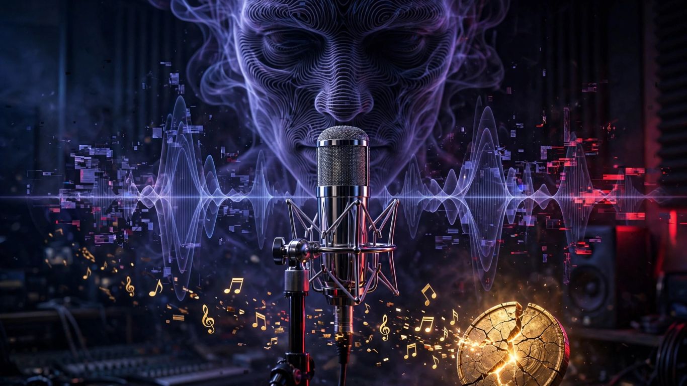 Microphone and digital sound fragments in a dark recording studio