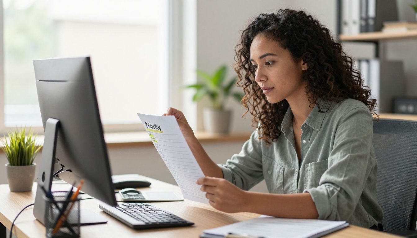 A diverse high-performing professional calmly planning a focused day at a desk, with one clear priority highlighted and a busy to-do list set aside, natural light, realistic editorial style