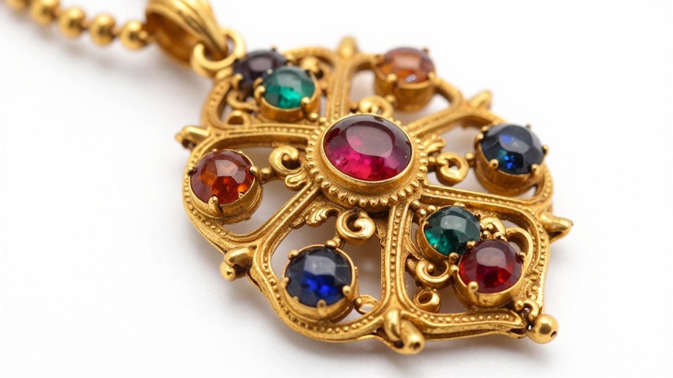 Intricate gold temple jewellery with gemstones.