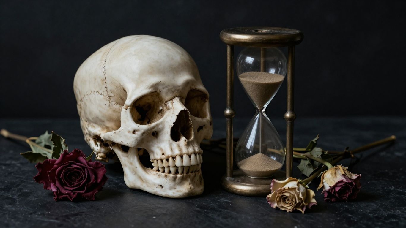Schädel, Sanduhr und verwelkte Blumen auf dunklem Hintergrund.