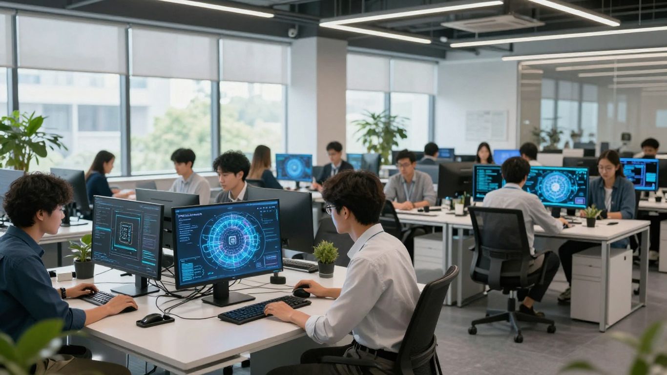 AI researchers collaborating in a modern tech office setting
