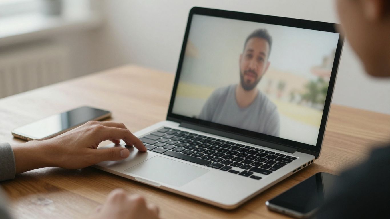 Person examining a video on a laptop