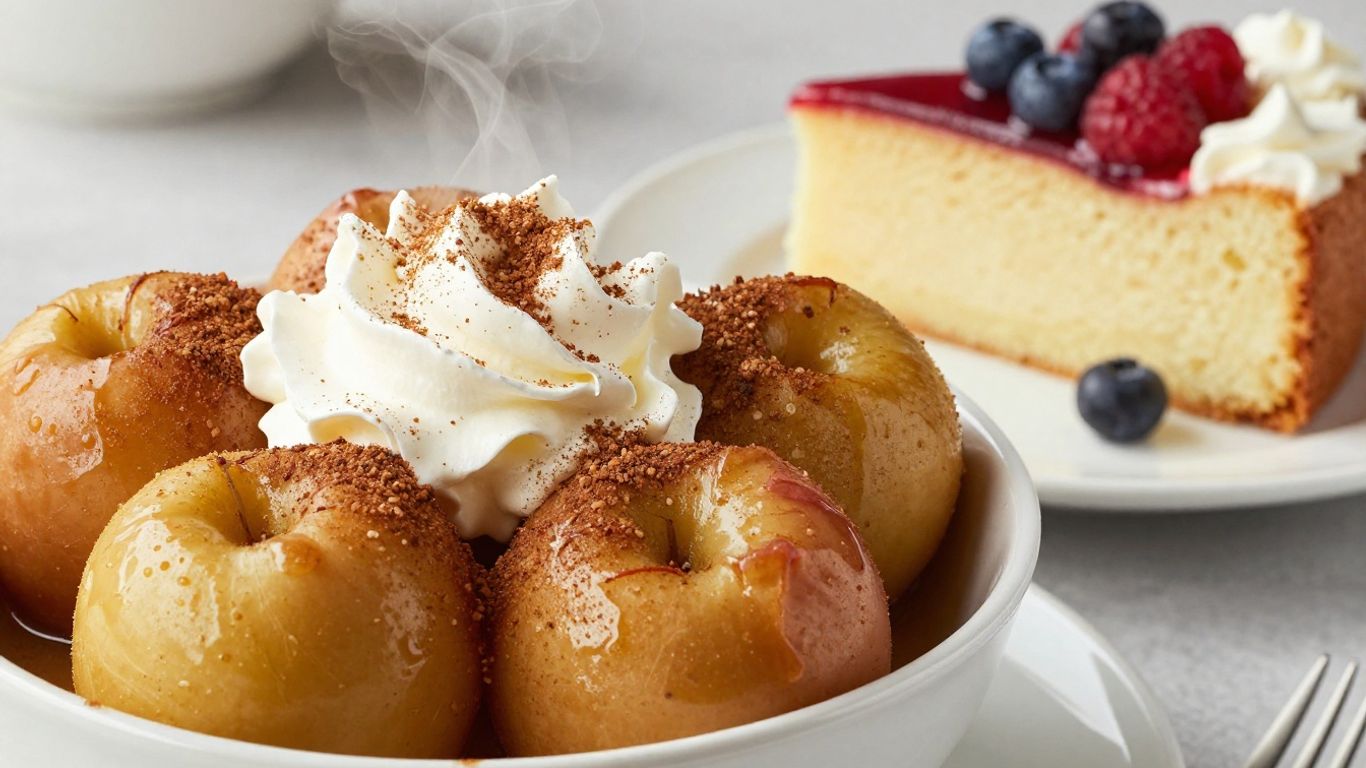 Comforting baked apples and a slice of berry cake.
