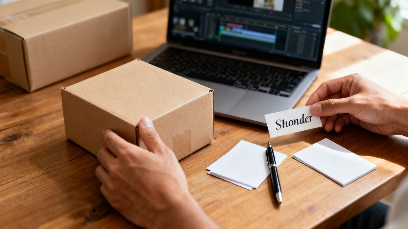 Clean product title planning with sample package and notes