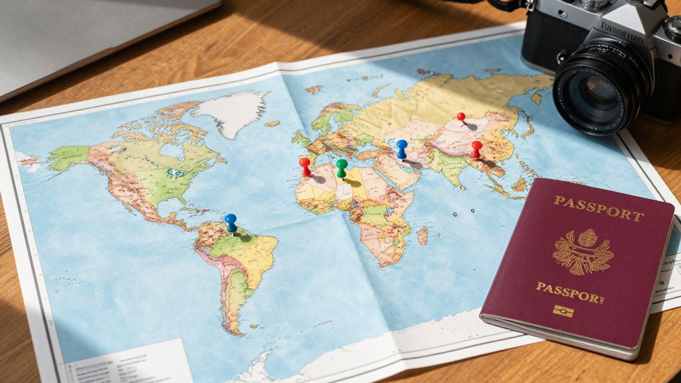 Personalized travel map with pins and travel items.