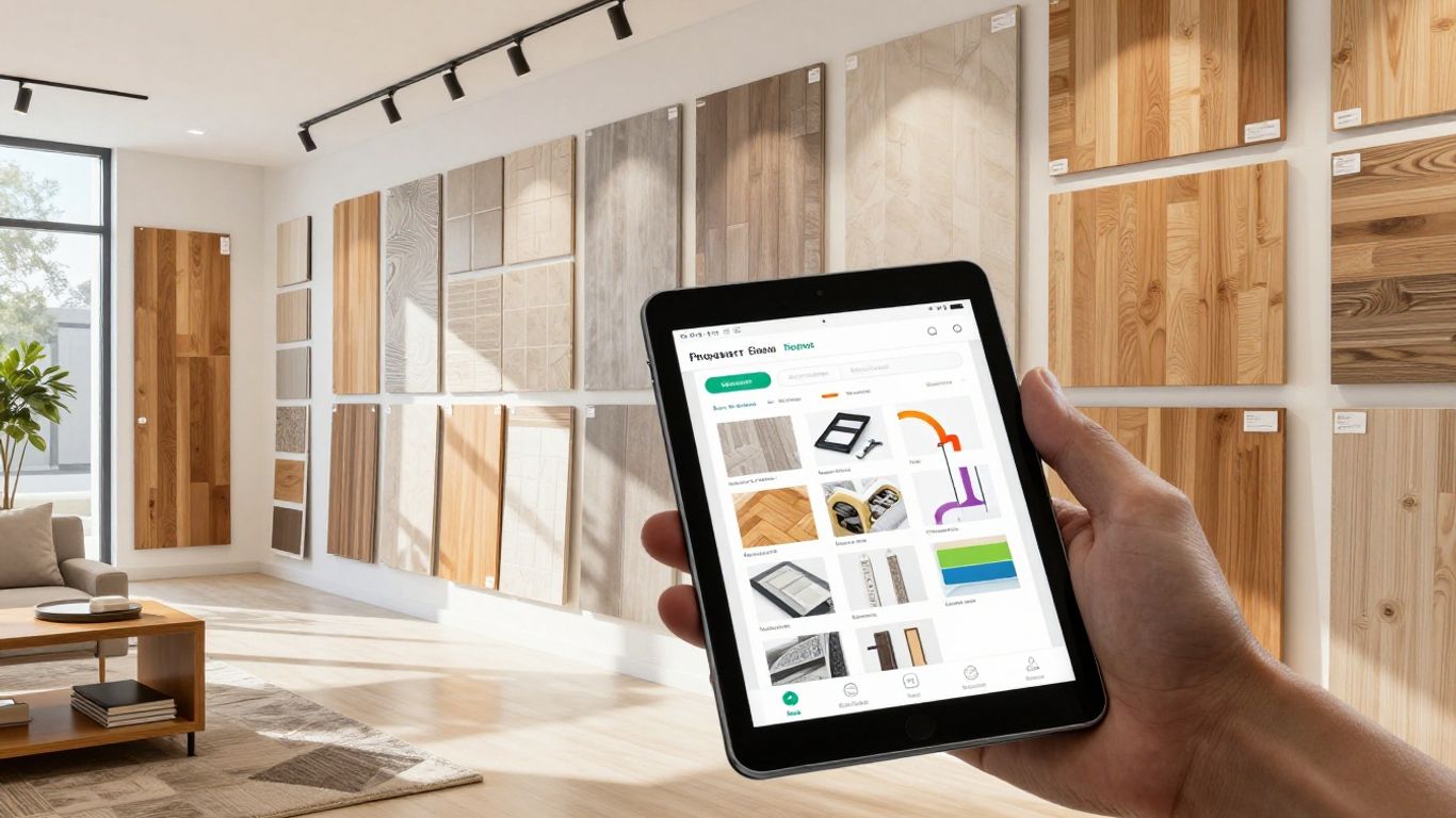 Flooring retail software interface on a tablet in a showroom.