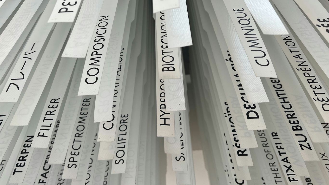 Hanging labels feature various words and phrases.