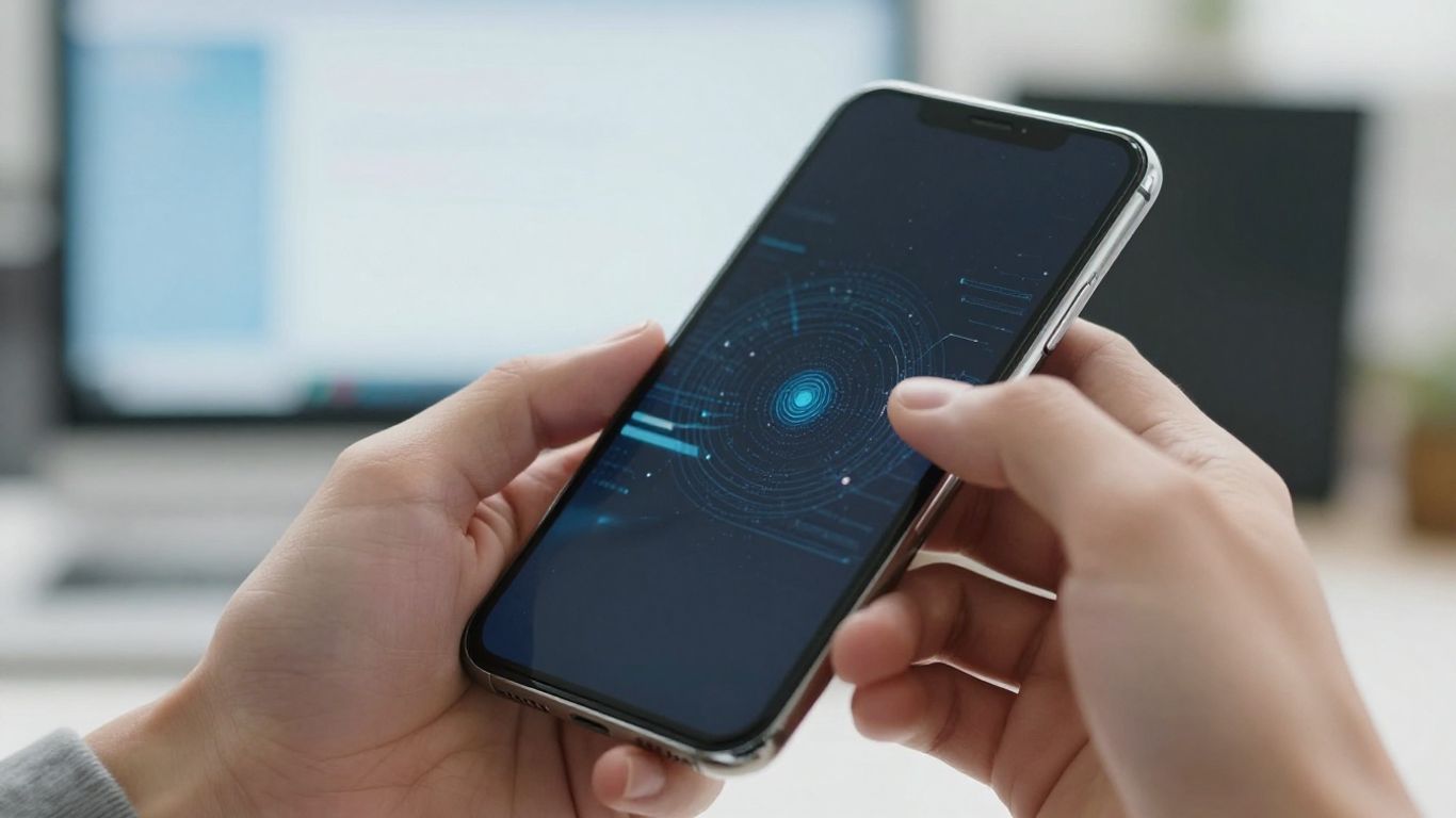 Hand holding smartphone with digital patterns on screen.