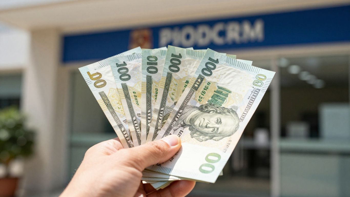 Hand holding banknotes with bank background.