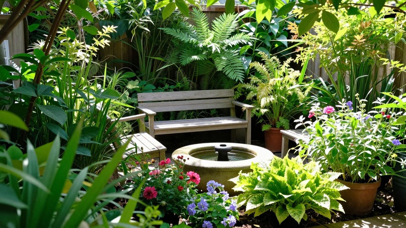 Gemütliche Gartenecke mit Pflanzen und Sitzgelegenheit.