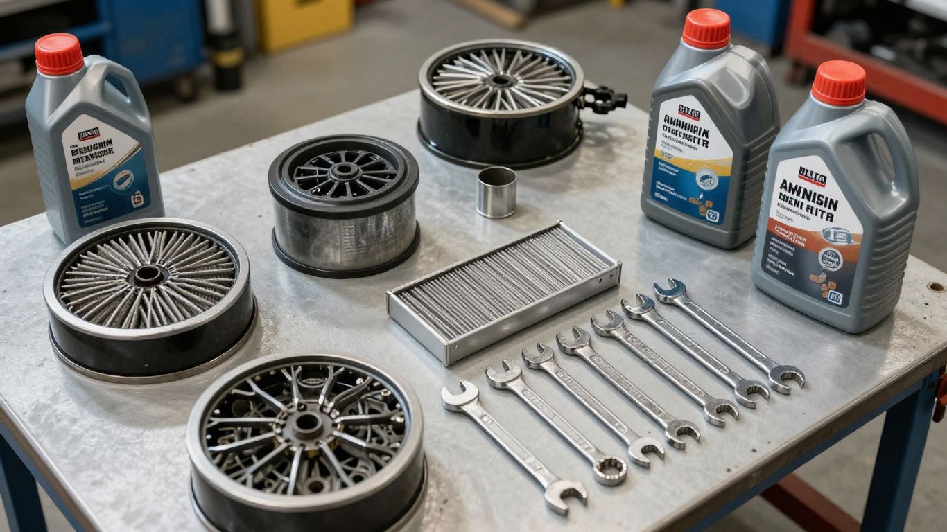 Mechanic organizing essential engine maintenance filters and fluids