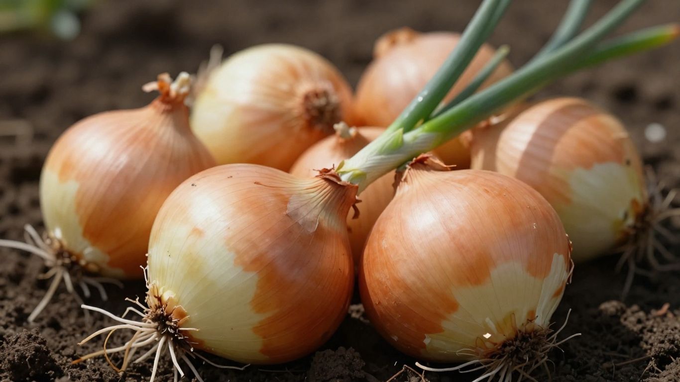 Reife Zwiebeln mit Wurzeln und grünen Trieben auf Erde.