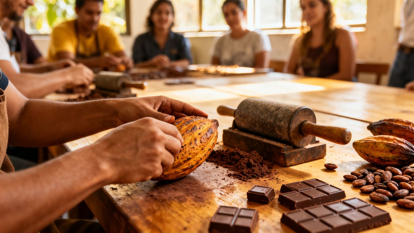 Hands shaping cacao beside traditional tools
