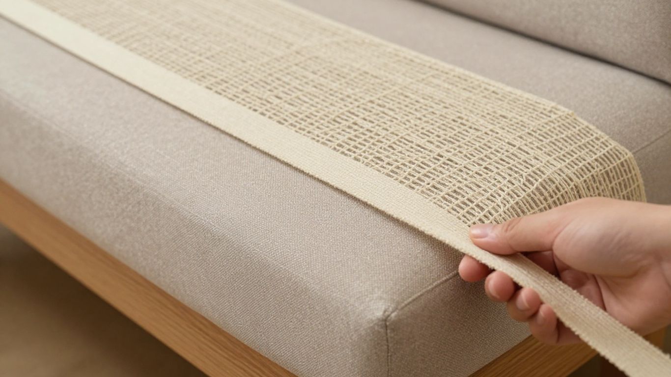 Tensioning couch webbing with crisscross pattern.