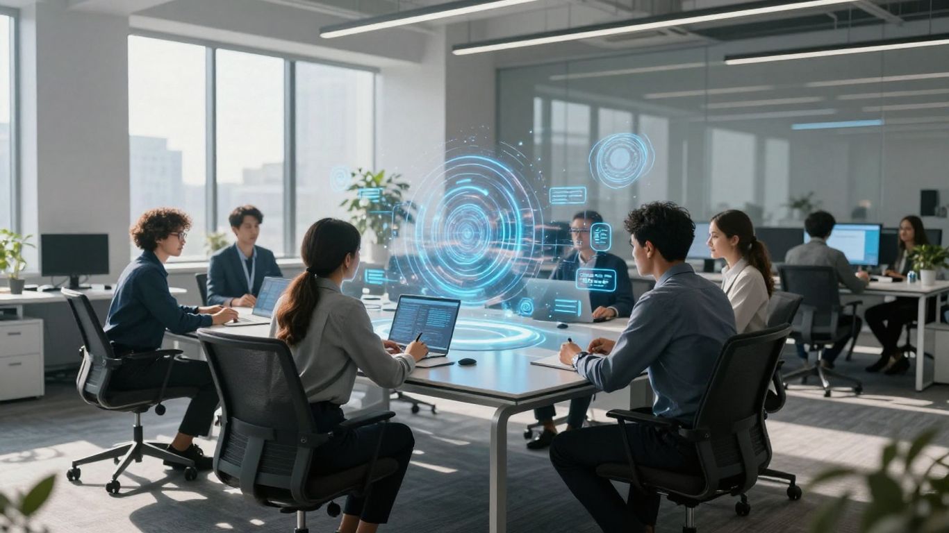 Profesionales colaborando en oficina moderna con tecnología avanzada.