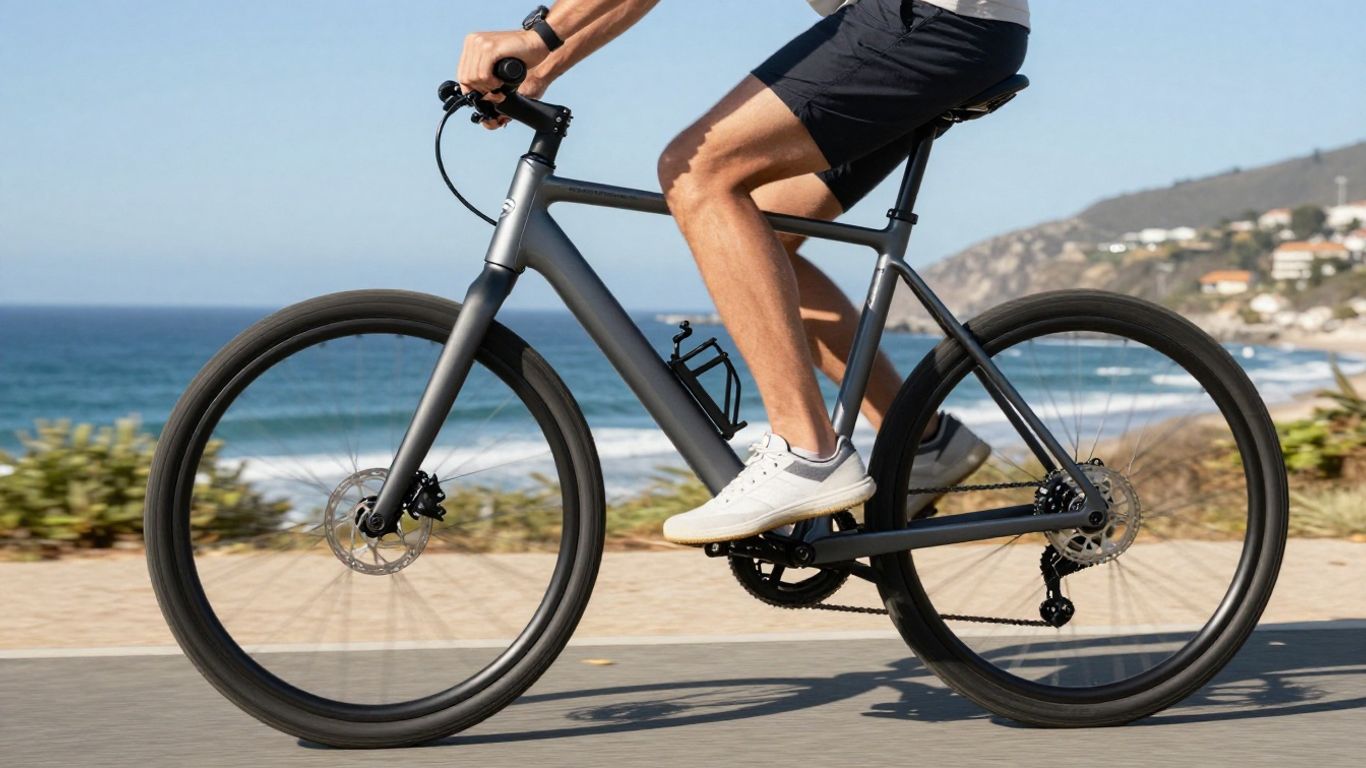 Person riding a Sheng Milo electric bike on a scenic path.