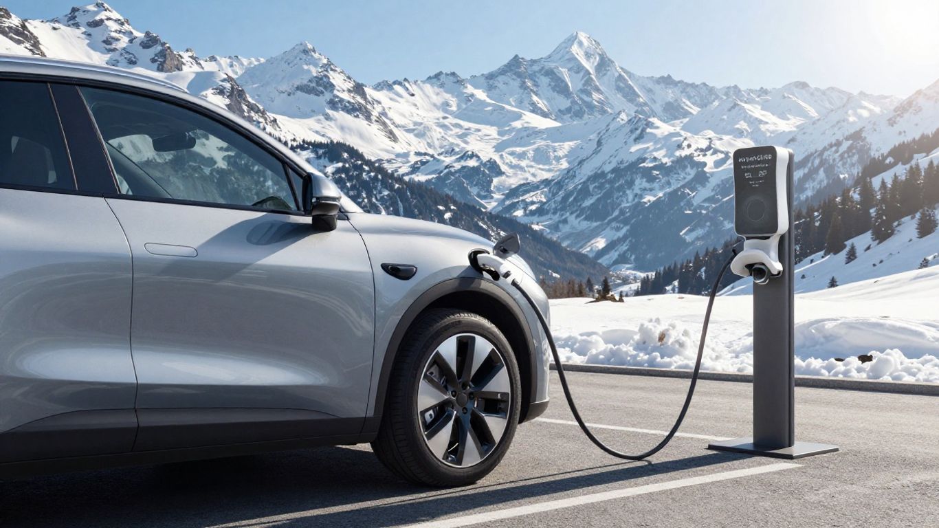 Elektroauto lädt an Ladestation in Schweizer Alpenlandschaft